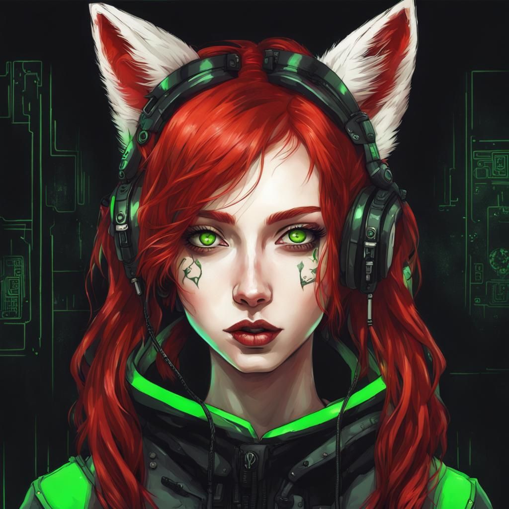 Cyberpunk Kitsune Girl Portrait with Red Hair