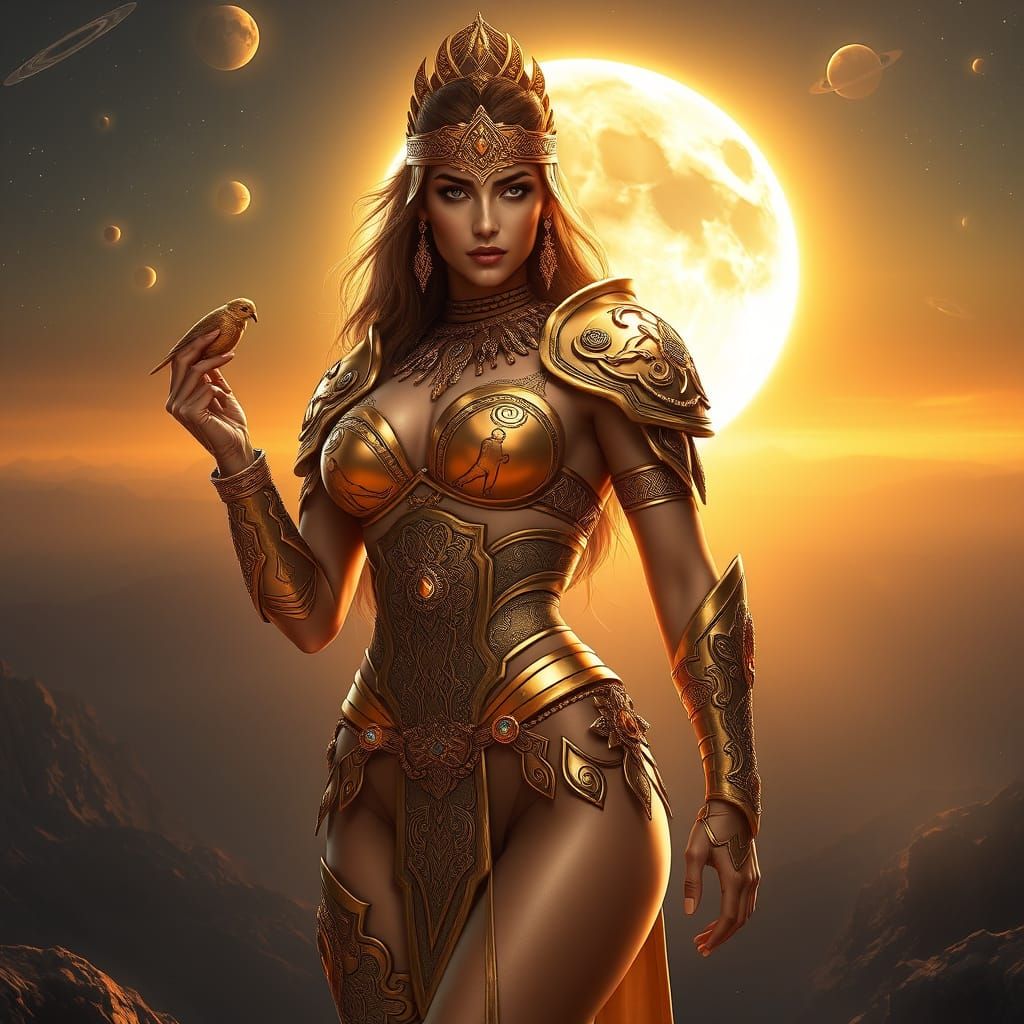 Glowing Warrior Goddess with Golden Bird and Celestial Backg...