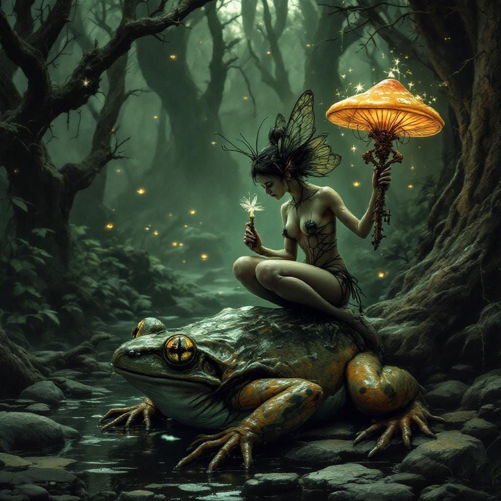 Eerie Forest Fairy on Bullfrog, Graphic Novel Art