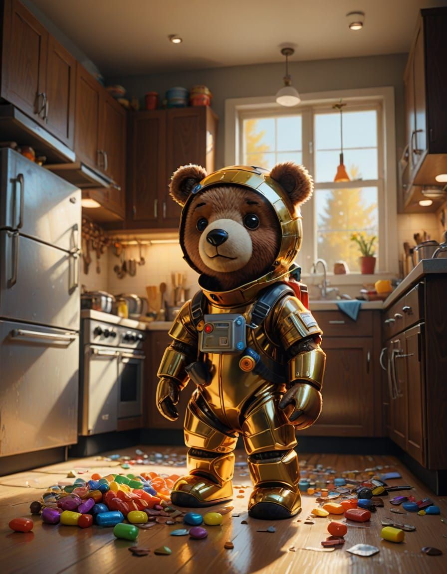Surreal Teddy Bear Craves Chocolate in Golden Hour Kitchen