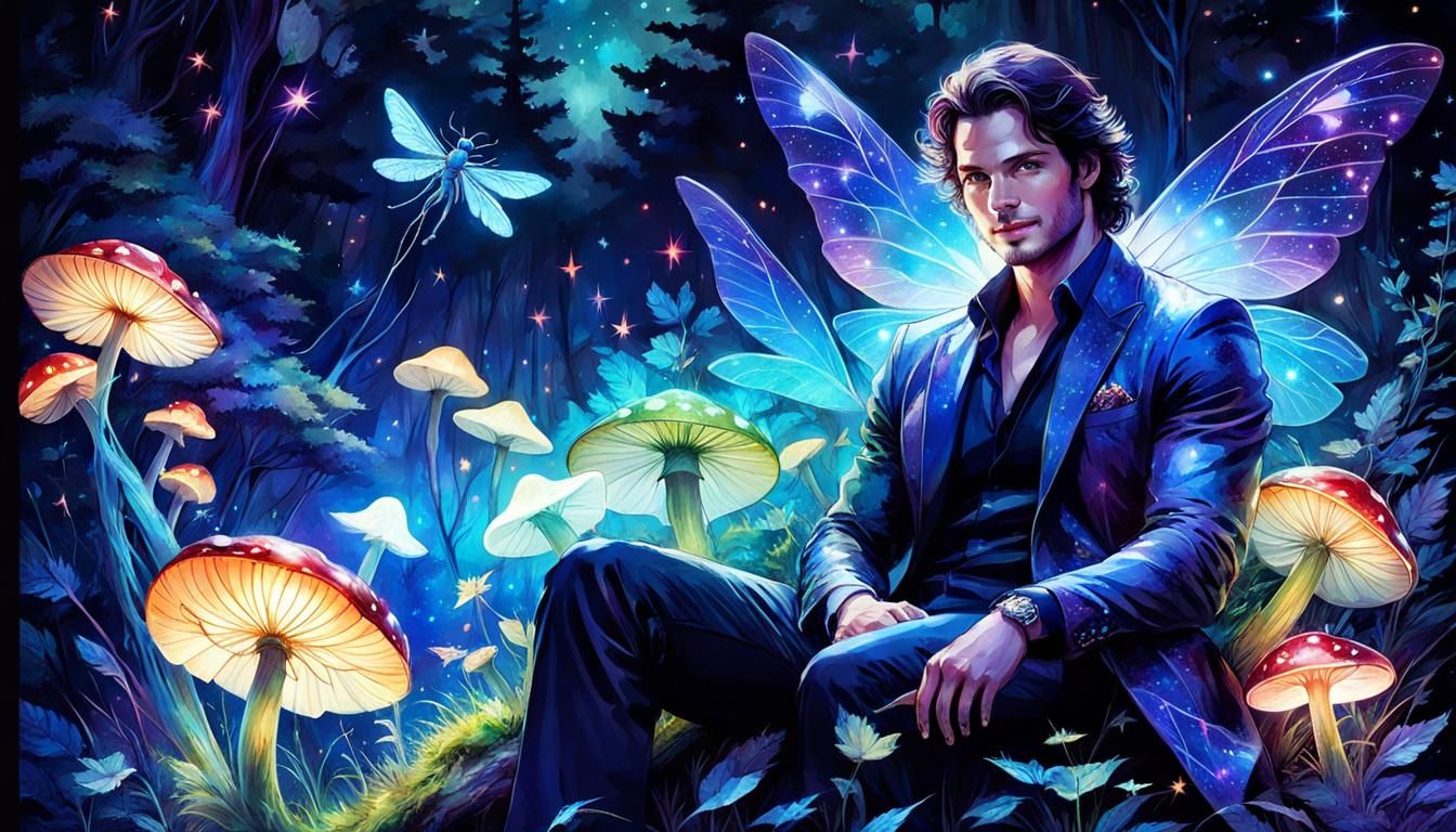Fairy Prince on Bioluminescent Mushroom, Digital Art