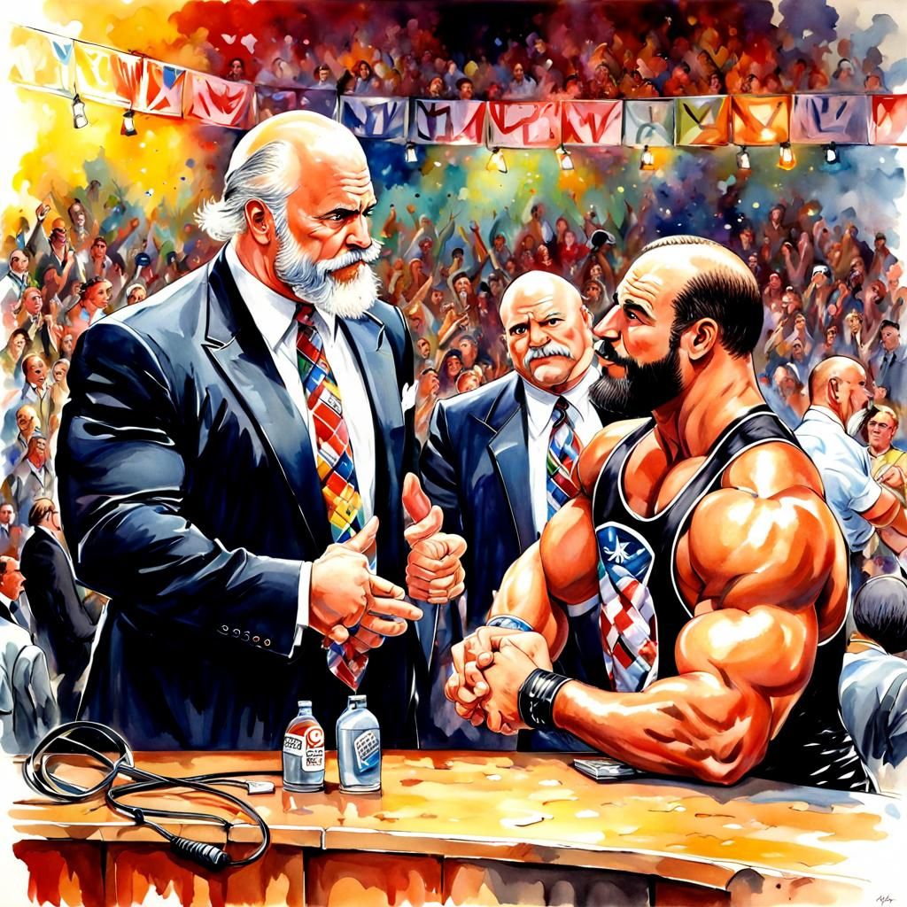 Wrestler Interviewed in 1980s, Watercolor Style