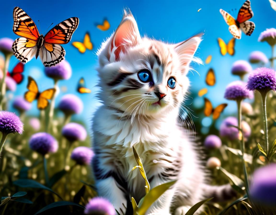 Fluffy Kitten in Wonderland with Butterflies