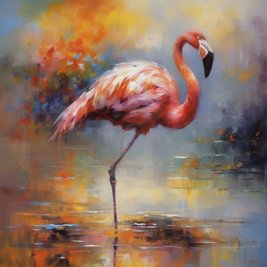 Surreal Flamingo Scene at Sunset in Impressionist Style