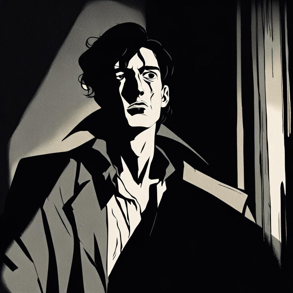 Eerie Portrait of Gaunt Man in Film Noir Style