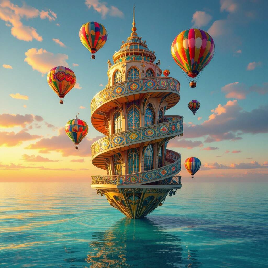 A whimsical Art Deco building shaped like a fractal spiral a...