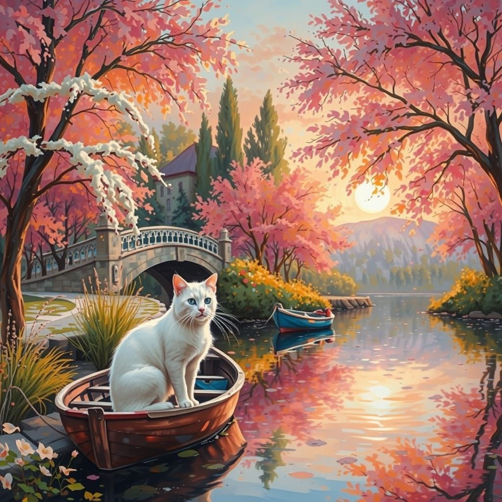 Impressionist Cat in Pink Trees by Lakeside