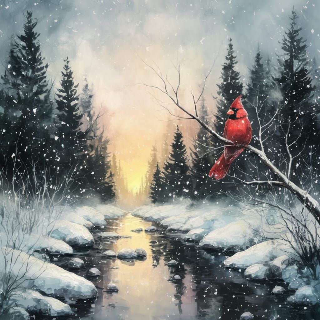 Cardinal Over A Winter Stream