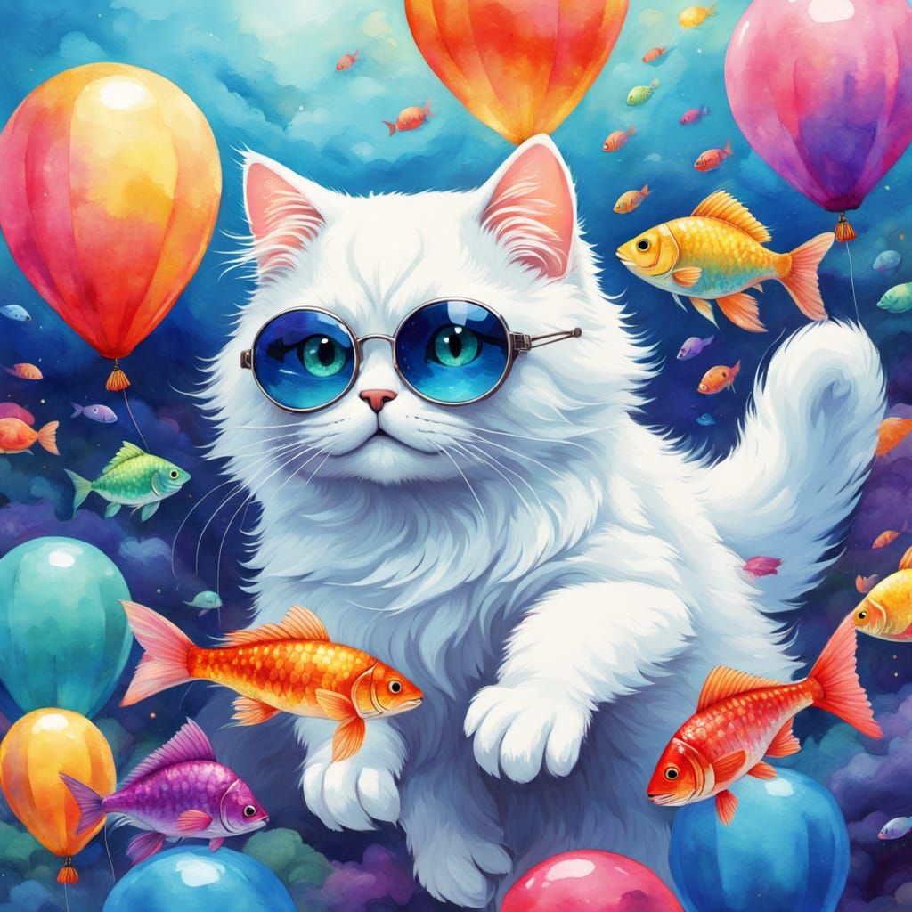 Floating Cat in Fish Balloons, Watercolor Fantasy Art