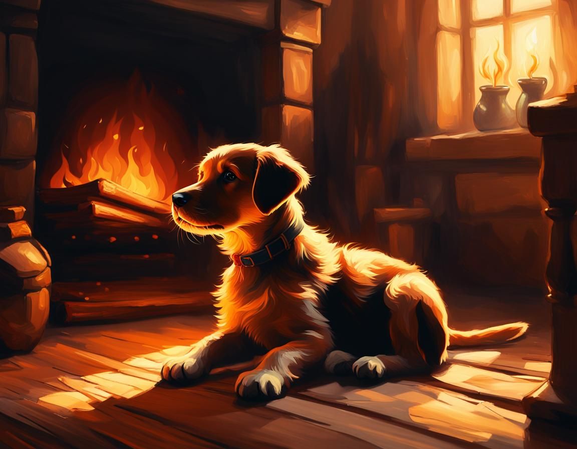Puppy by Fireside: Rembrandt-Style Oil Painting