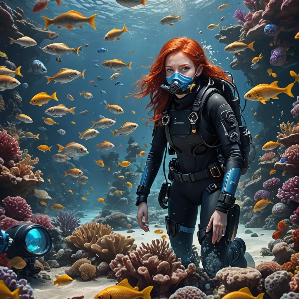 Underwater Scuba Diver with Fish in Detailed Painting