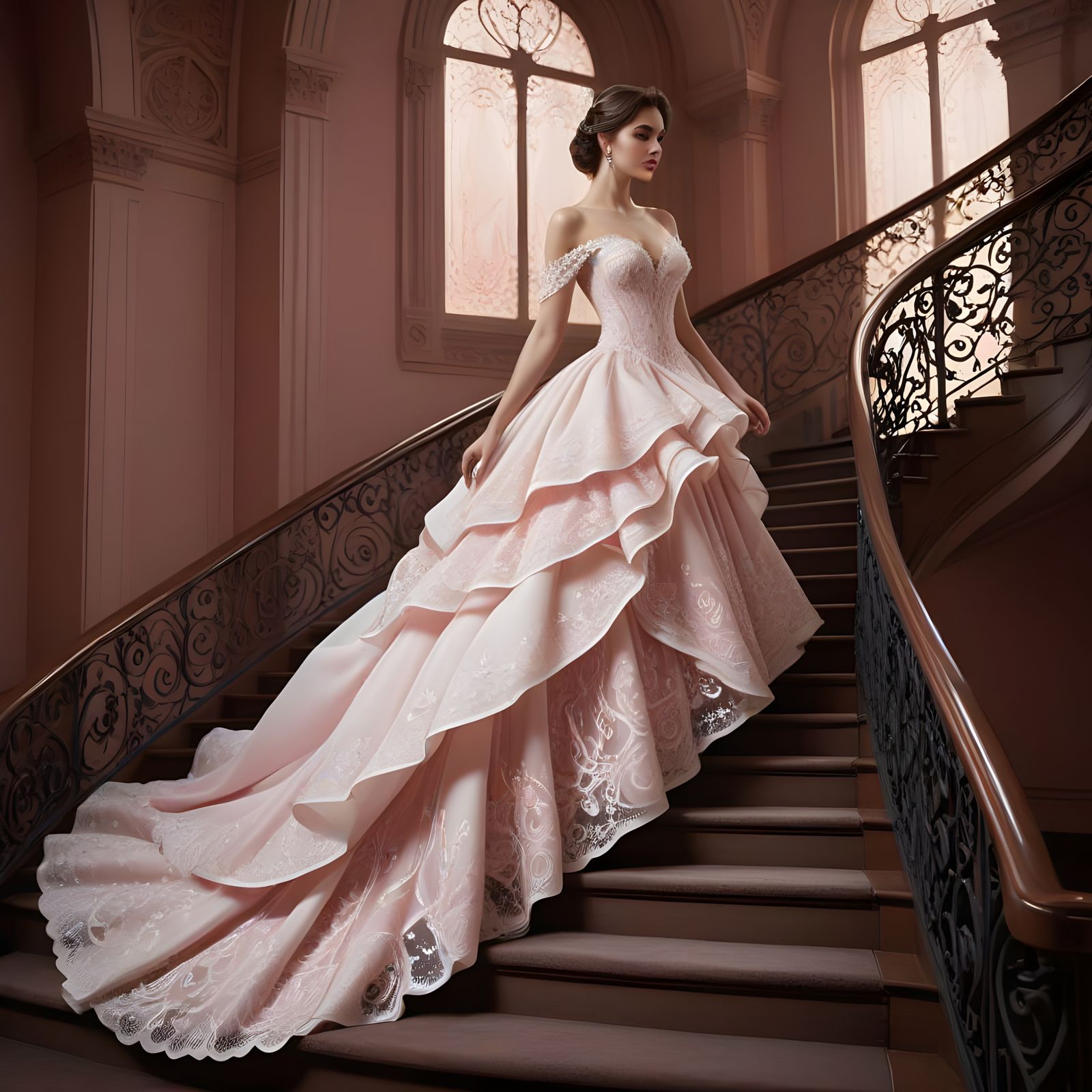 Romantic Blush Pink Staircase with Art Nouveau Filigree