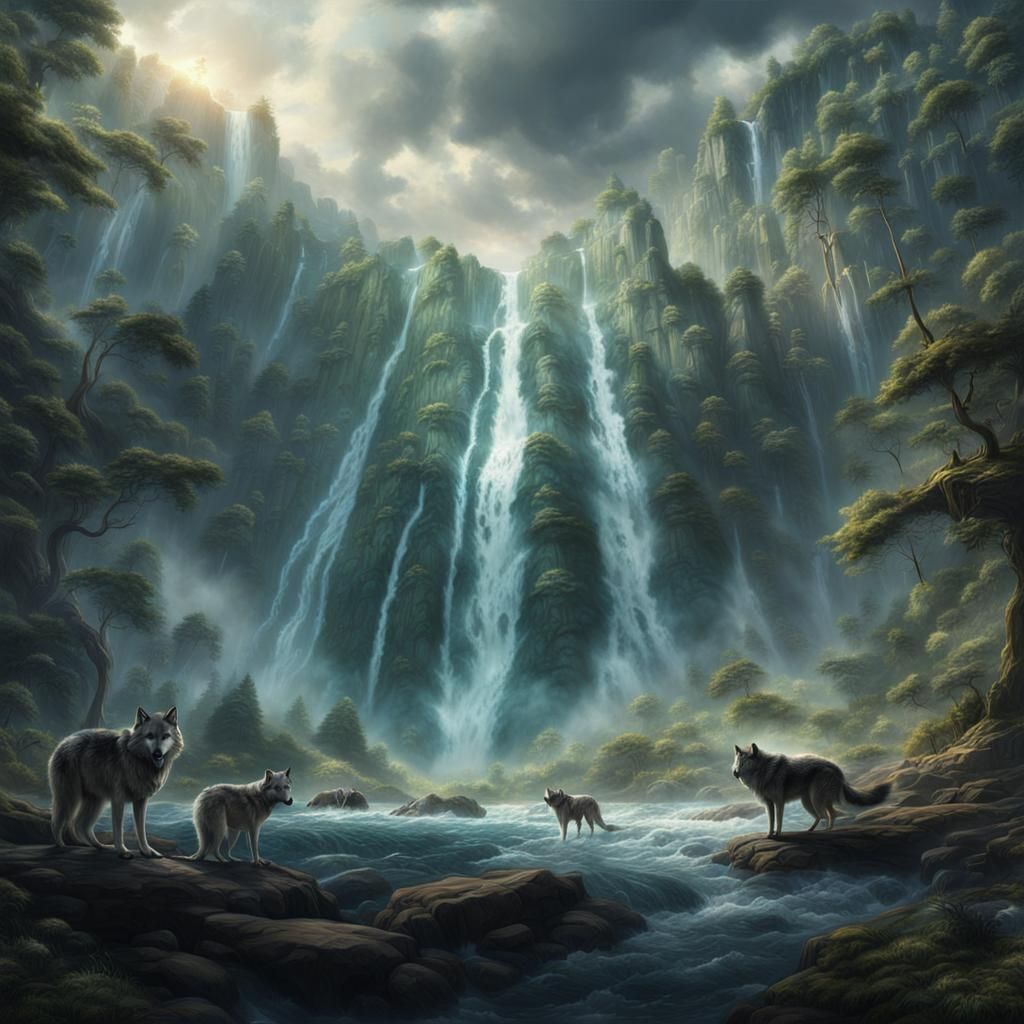 Epic Waterfall Scene with Wolves