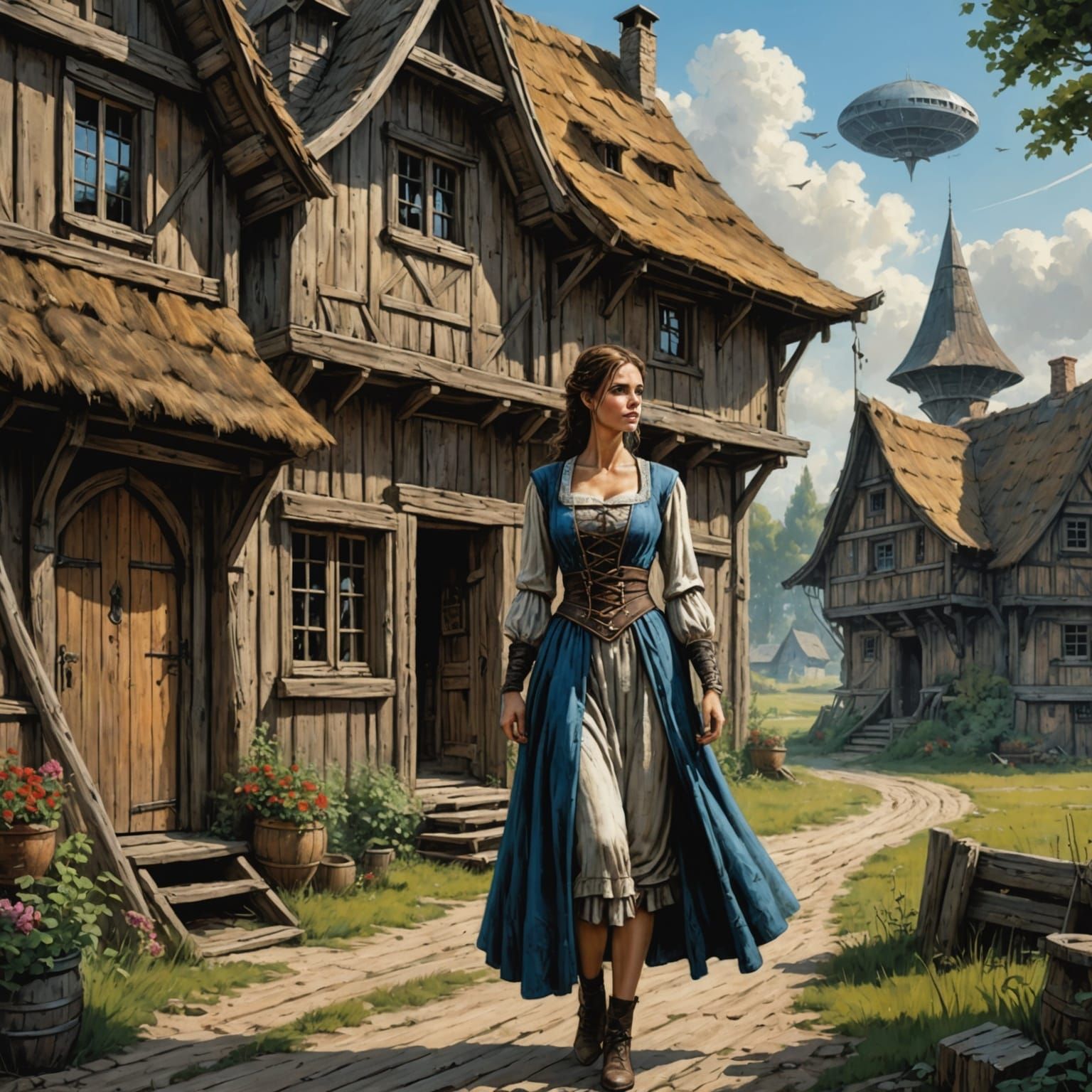 Medieval Villager and Spaceship: Comic Book Art