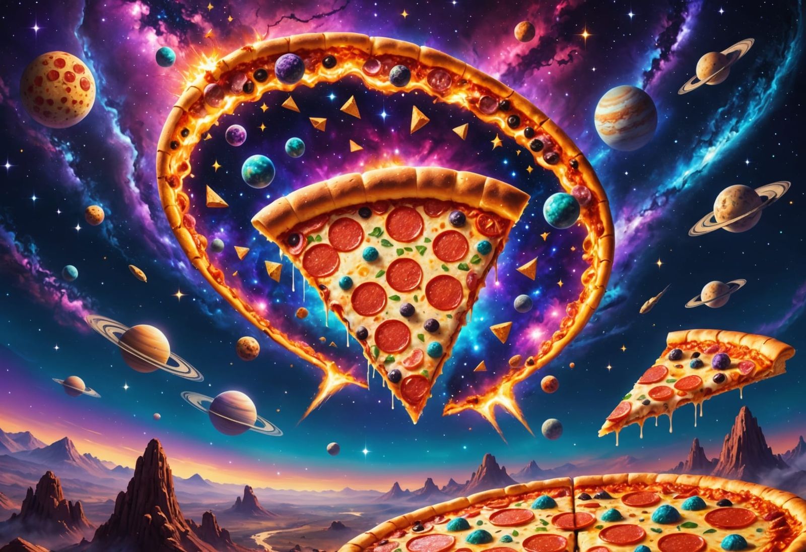 Pizza Flying Saucer in Space with Anime Mouse