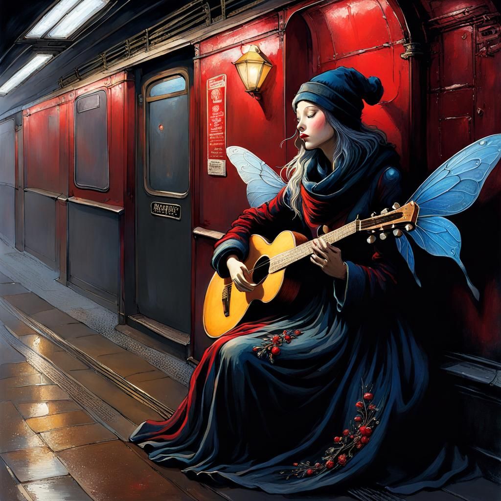 Blind Fairy Playing Mandolin in European Ink Style