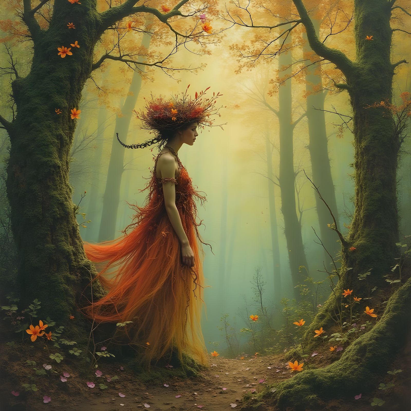Dryad in Whimsical Woodland Scene, Painted in Vibrant Colors