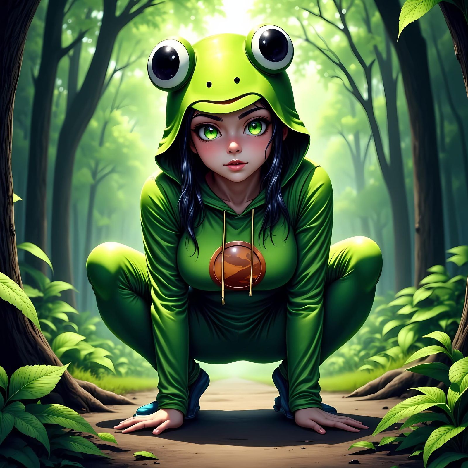 Frog Superhero Girl in Forest with Glowing Eyes