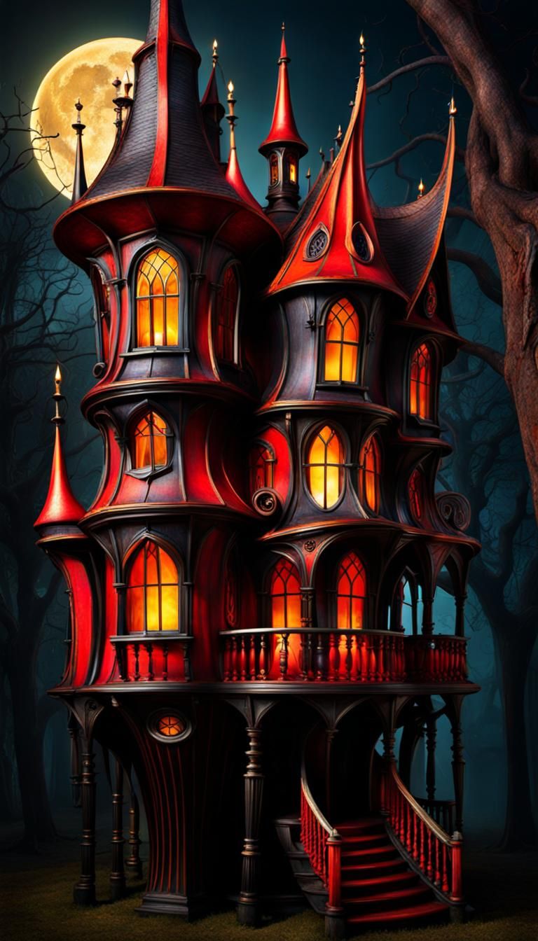 Surreal tall warped crooked gothic house