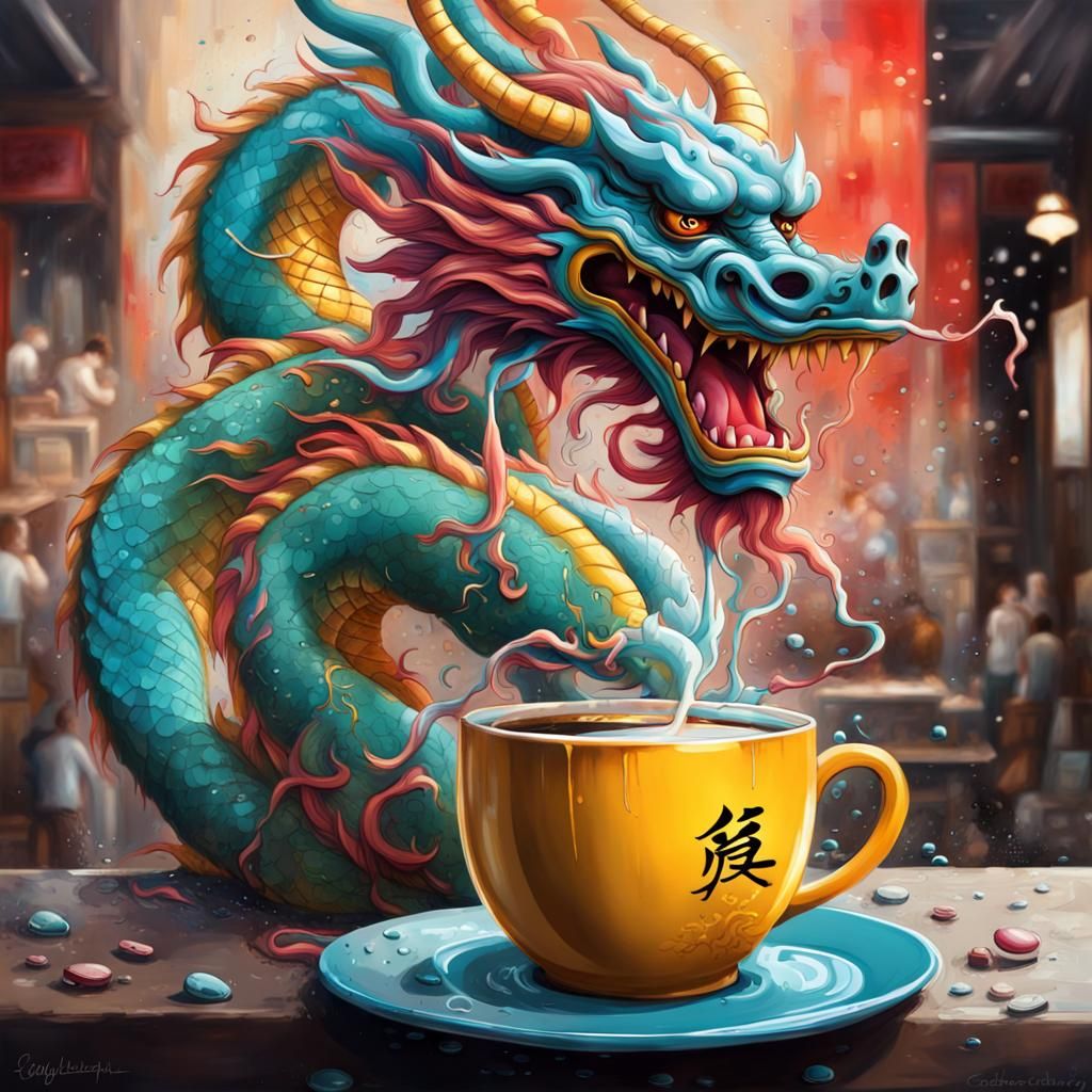 Chinese Dragon Having Coffee, Graffiti Art