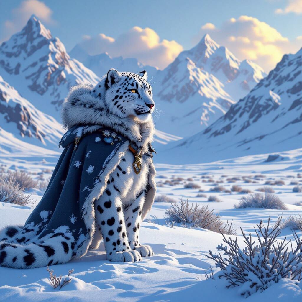 Snow Leopard Strawberry Tiger Hybrid in Snowy Landscape