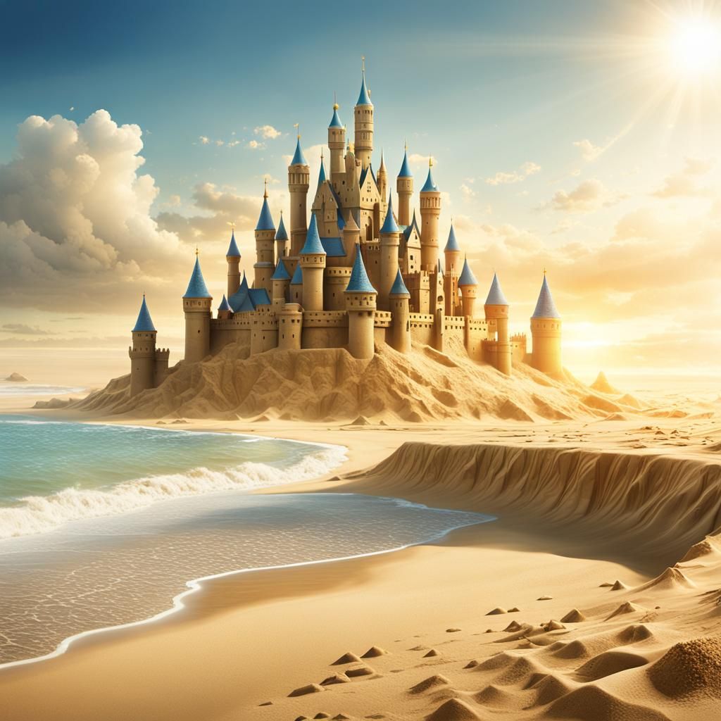 Detailed Sandcastle on Sunny Beach in Digital Painting