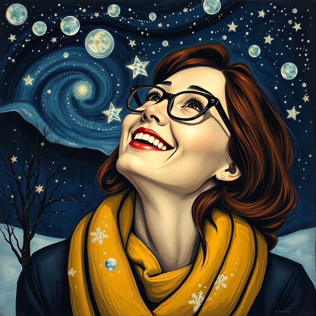 Woman Contemplating the Starry Night Sky in Winter