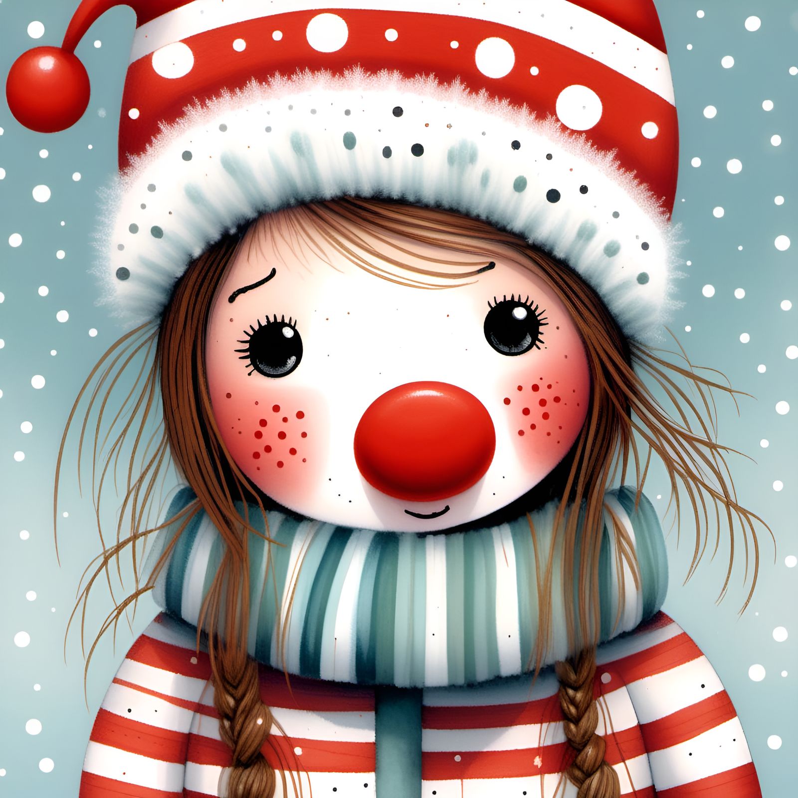 Winter Girl with Red Nose in Watercolor Gouache Style