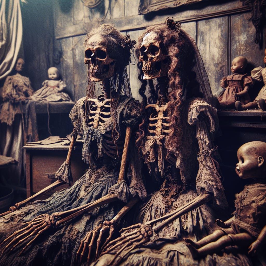 Grotesque Skeletal Women in Antique Clothing