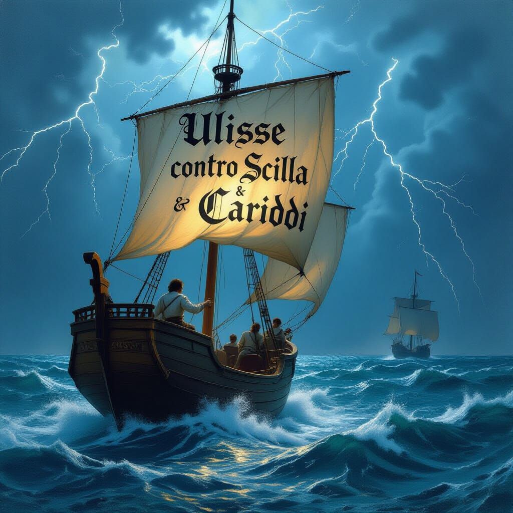 Odysseus Navigates Stormy Strait with Gothic Sail