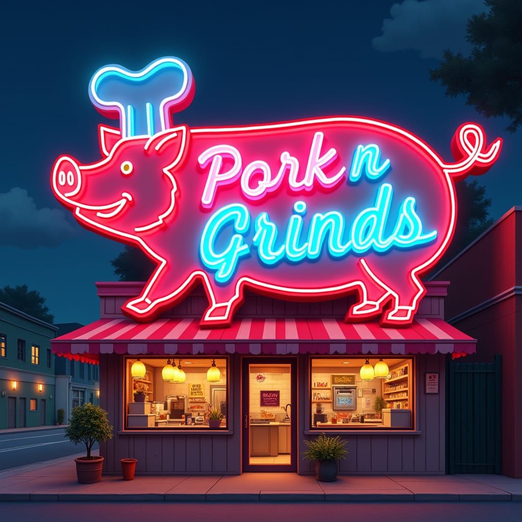 Neon Pig Sign for Pork N Grinds Deli