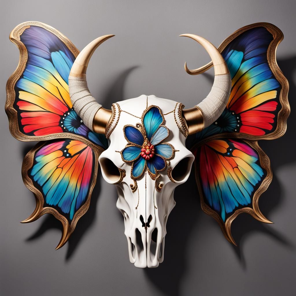 Cow Skull with Butterflies and Artistic Details
