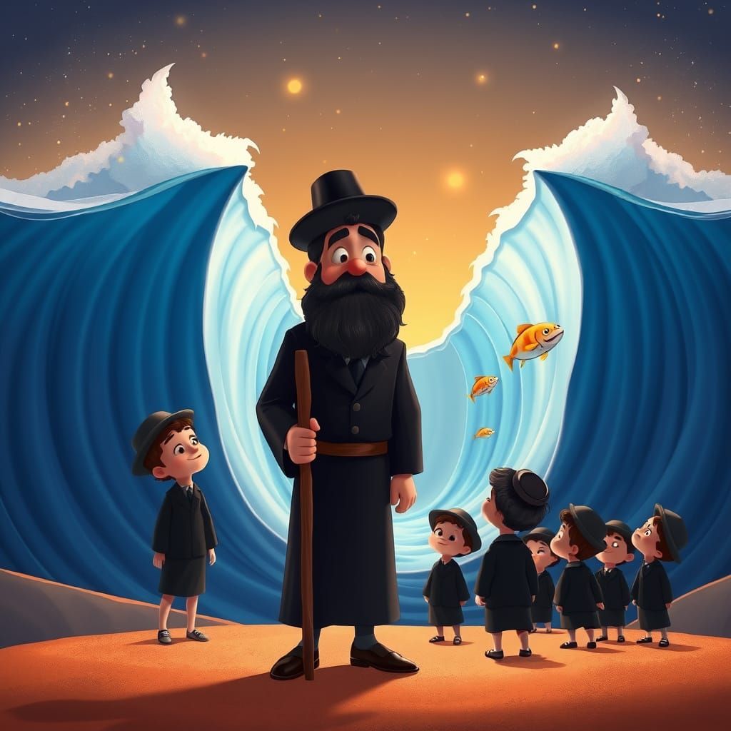 Hasidic Moses Parts the Sea: 3D Animated Scene