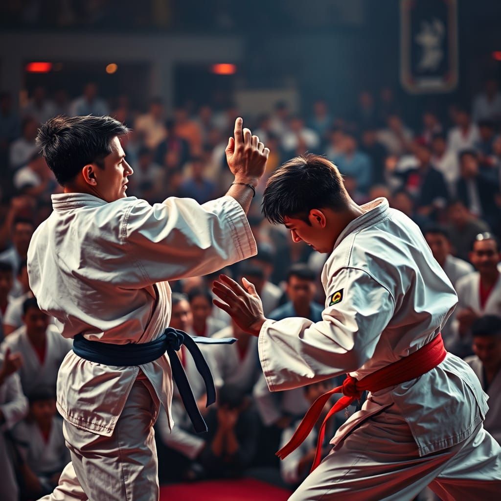 Martial Artists Fight in Crowded Tournament Arena