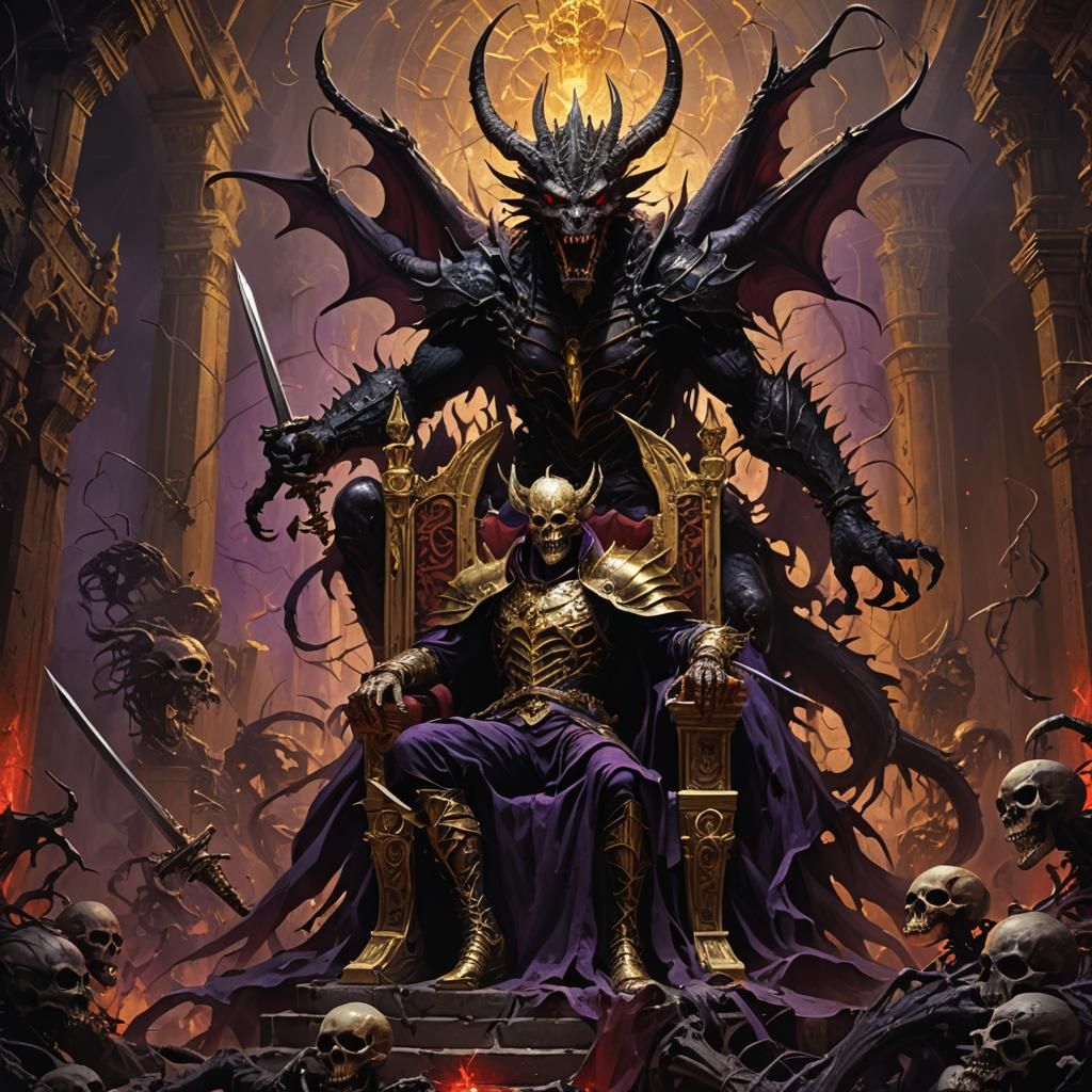 Demonic Dragon King on Haunted Throne, Dark Fantasy Art