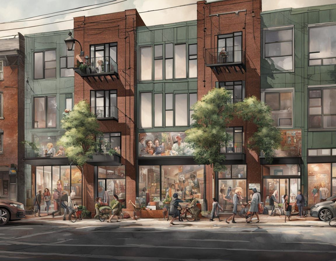 Lively Streetscape Rendering of Modern Apartments