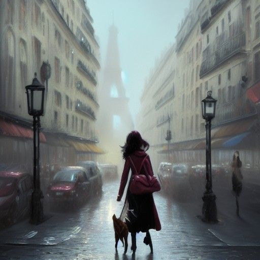 Parisian Fashionista with Dog in Art Nouveau Style