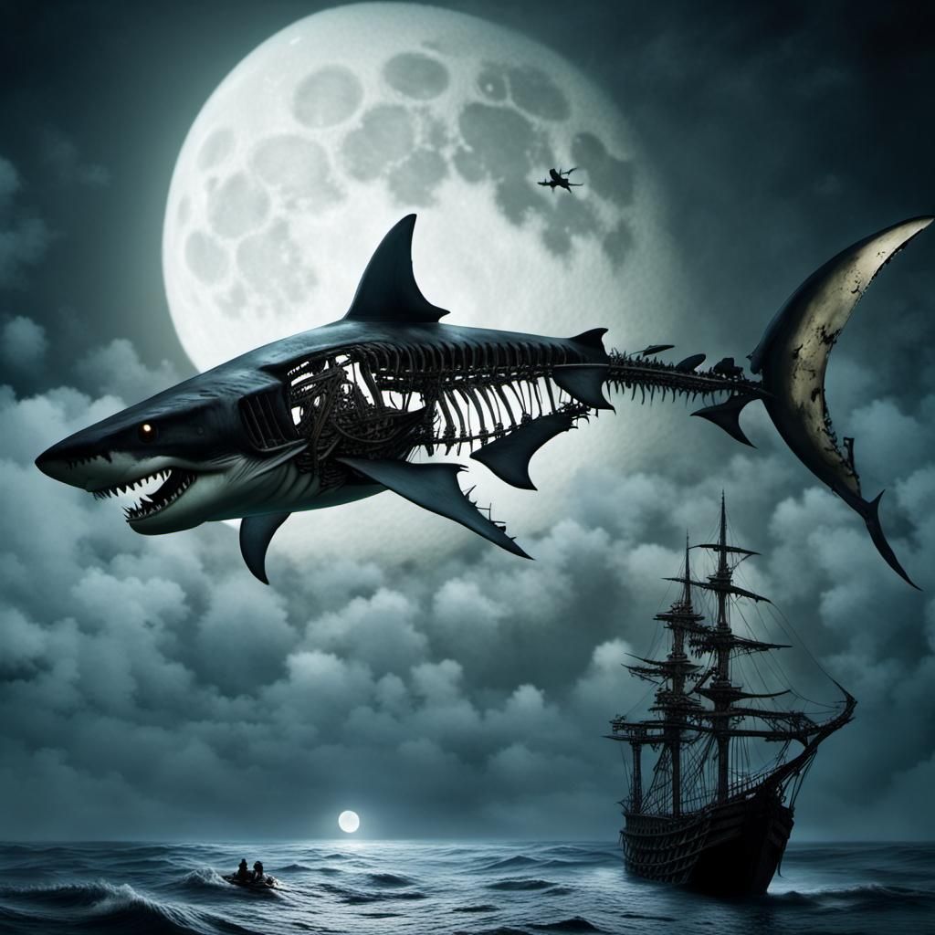 Cursed Shark's Skeletal Transformation Under Moonlight