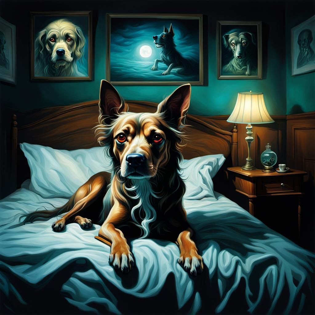 Surreal Bedroom Scene with Ghostly Dog, Digital Art