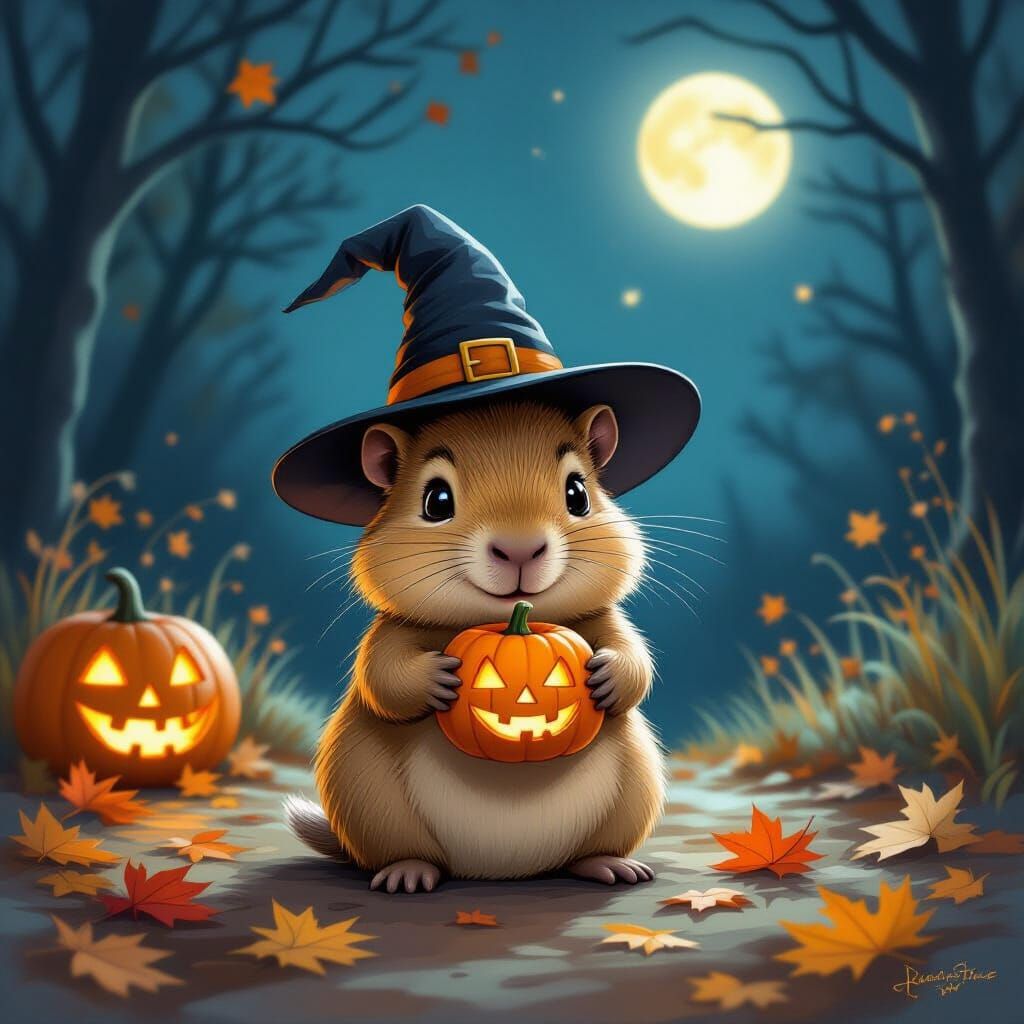Cute Baby Capybara in Witch Hat on Autumn Night