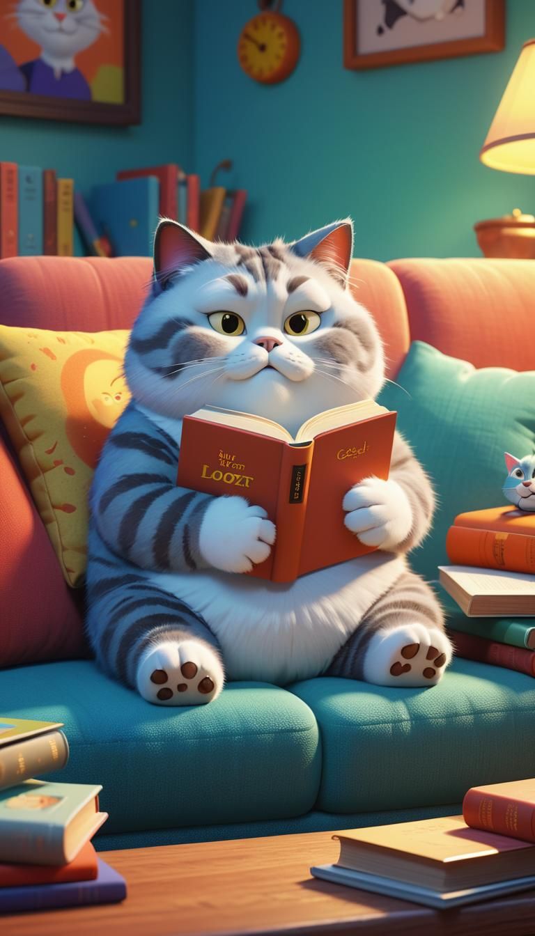 Fluffy Cat Reading a Book in 3D Style