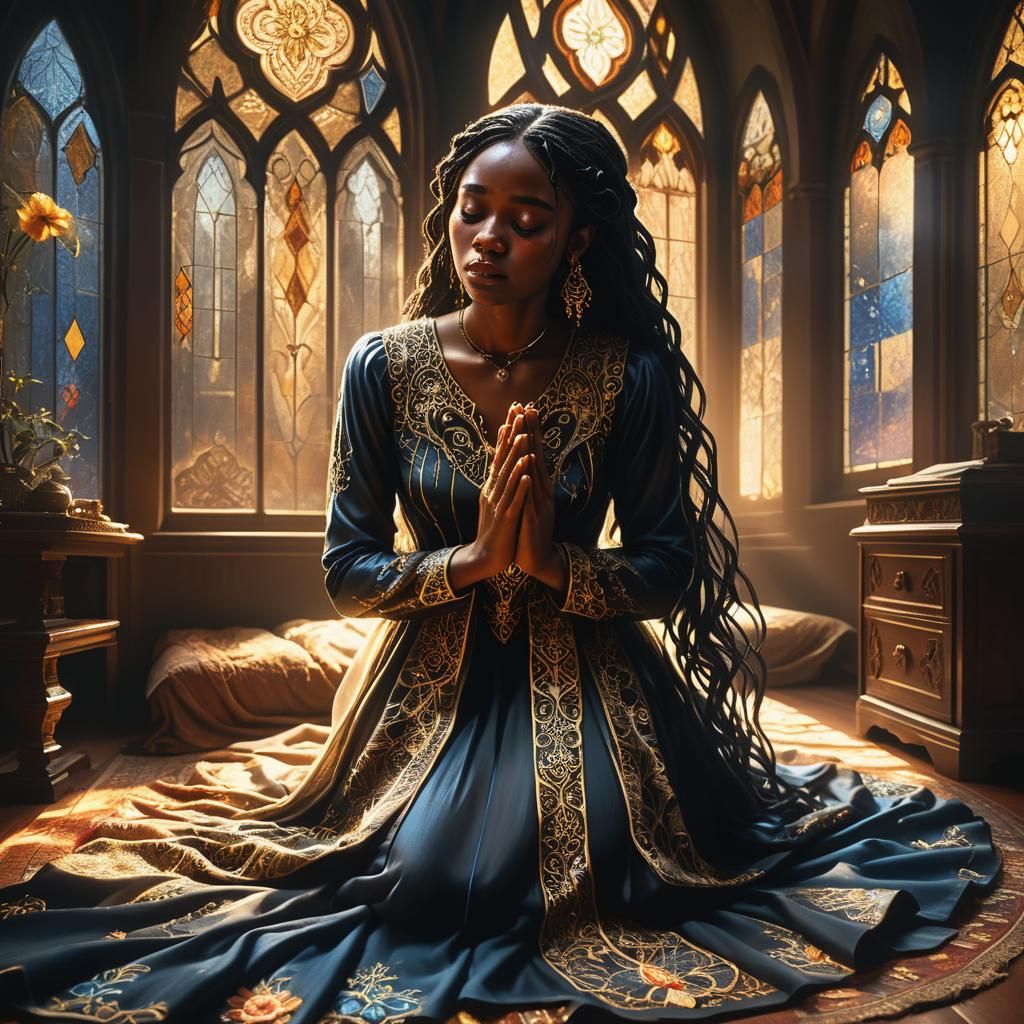 Woman Praying in Opulent Chamber: Fantasy Matte Painting