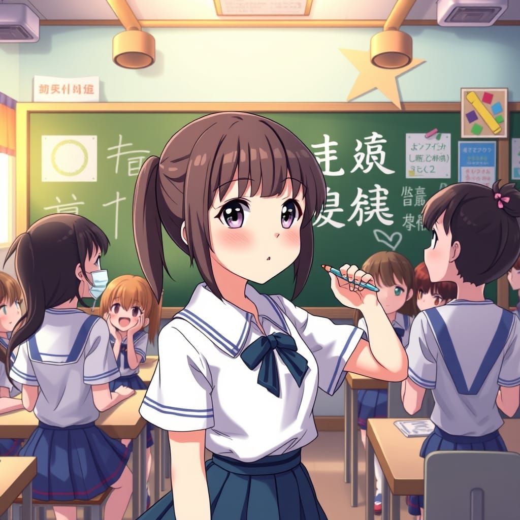 Anime Schoolgirl Creates Art in Vibrant Classroom