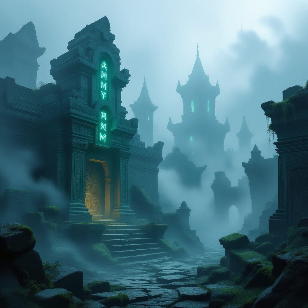 Lost City in Silver Mist with Glowing Runes