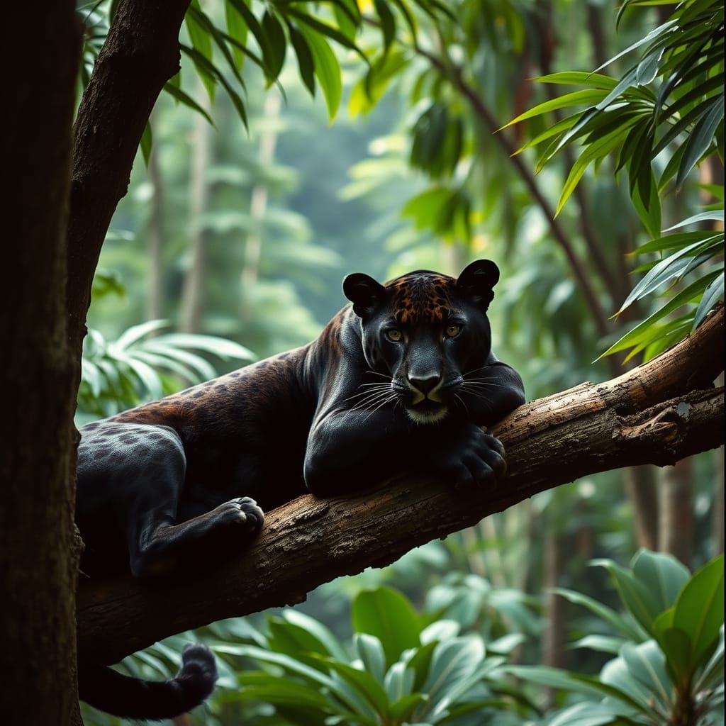 Majestic Black Jaguar in Lush Rainforest Cinematic Film Stil...