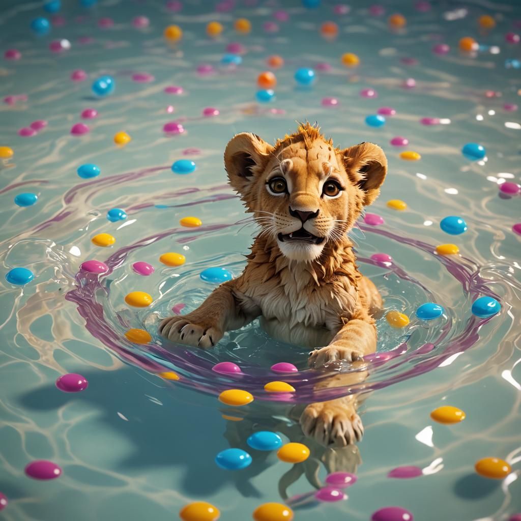 Lion Cub's First Swim: Pixar-Style 3D Art