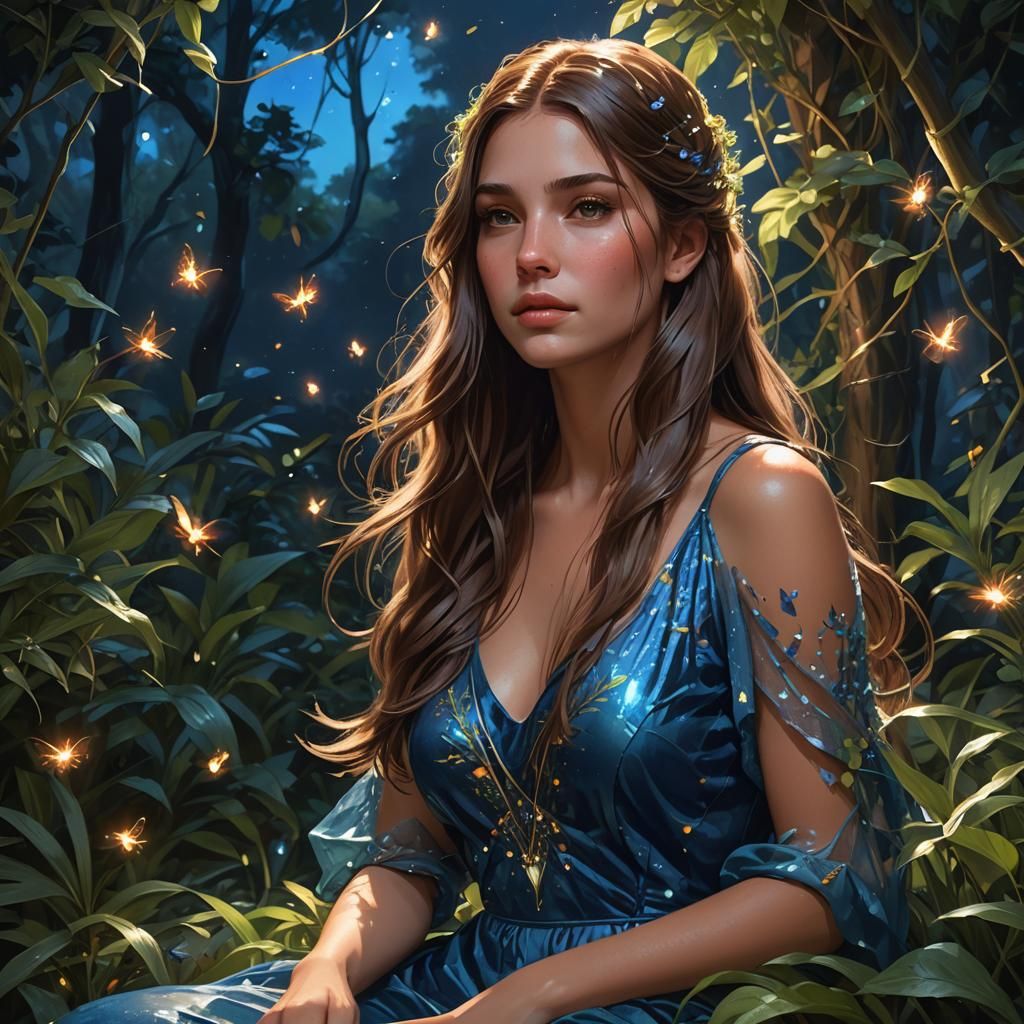 Girl in Blue Dress Portrait, Digital Art