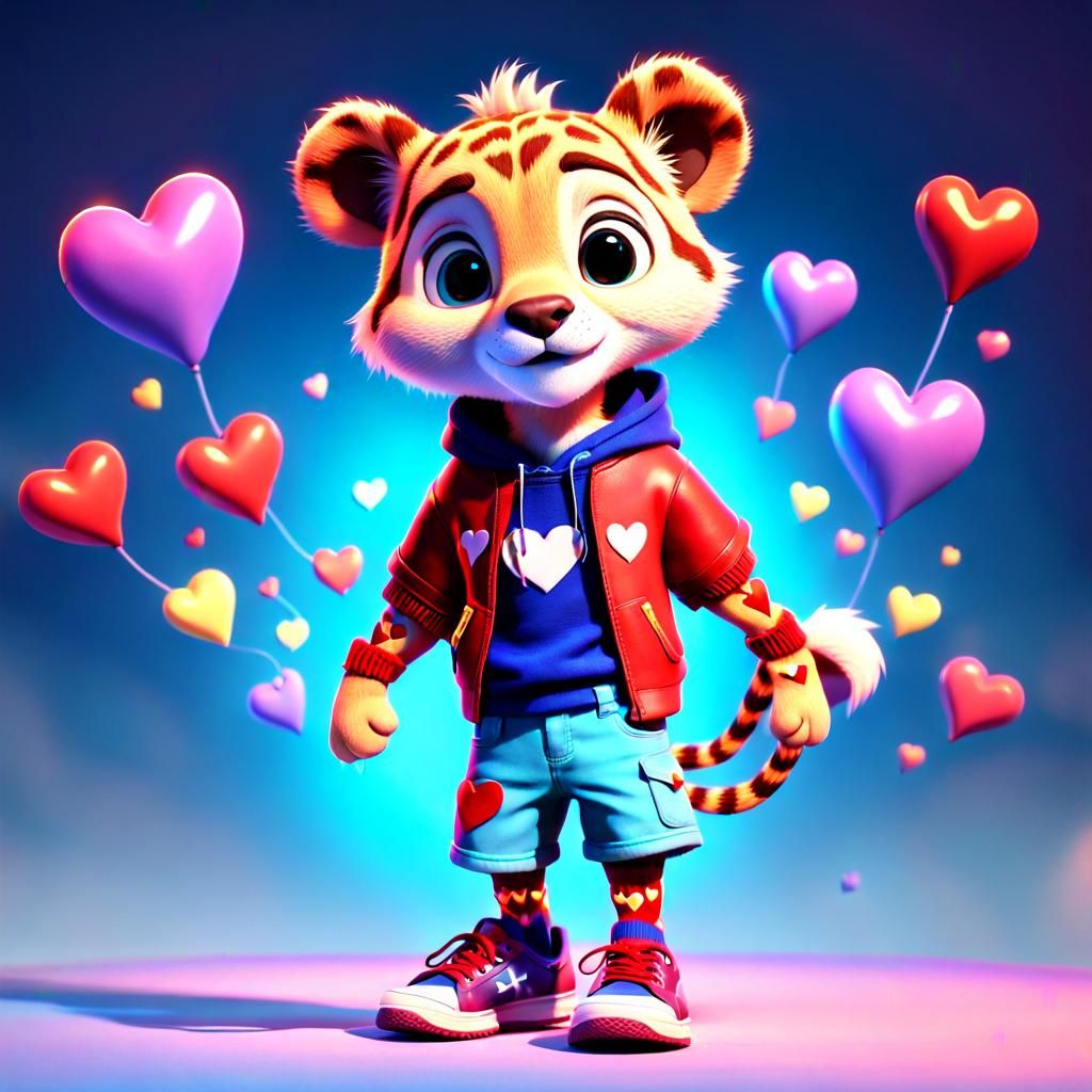 Anthropomorphic Kodkod Cub in Heart Shirt: Pixar Style