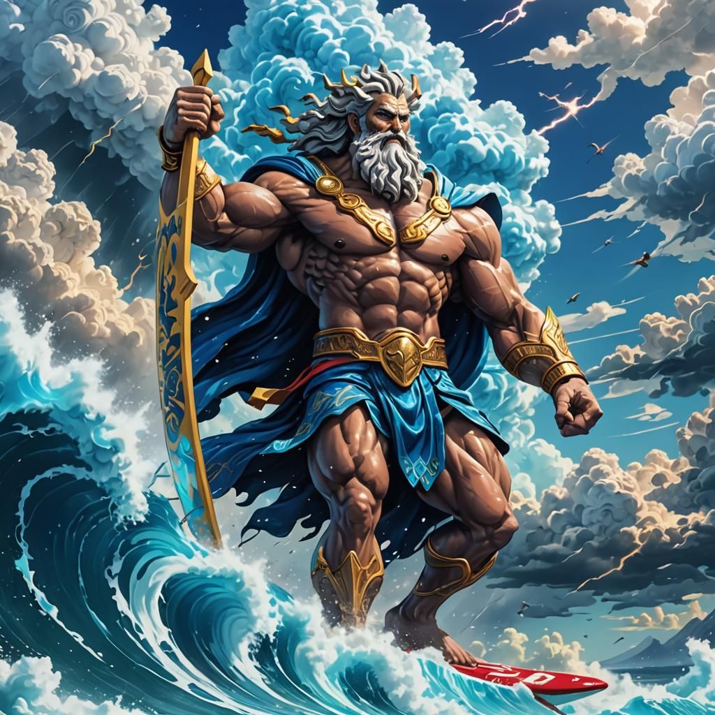 Zeus Surfing on a Cloud in Cyberpunk Style