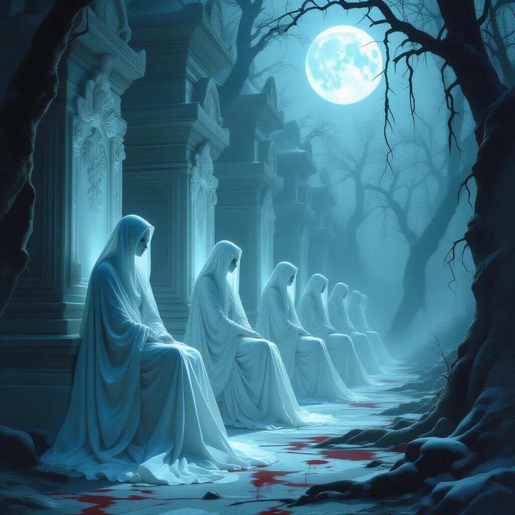 Ethereal Temples in Moonlit Forest with Glowing Porcelain Fa...